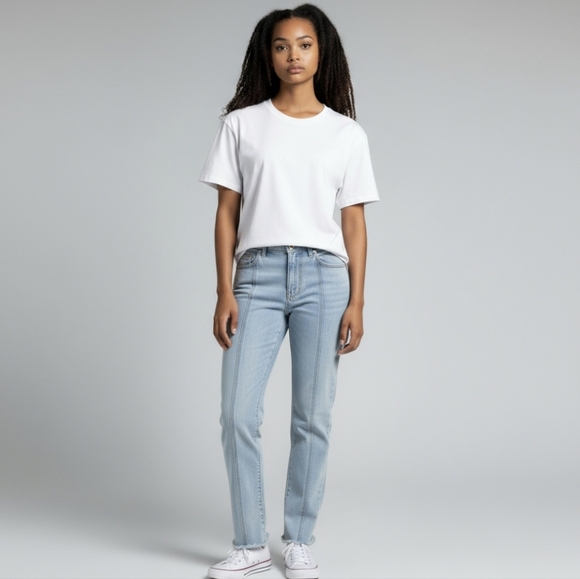 Egreis Rare Slimming Jeans Light Blue Denim Panel High Waist Ankle Slit W25 L32 - Picture 1 of 10